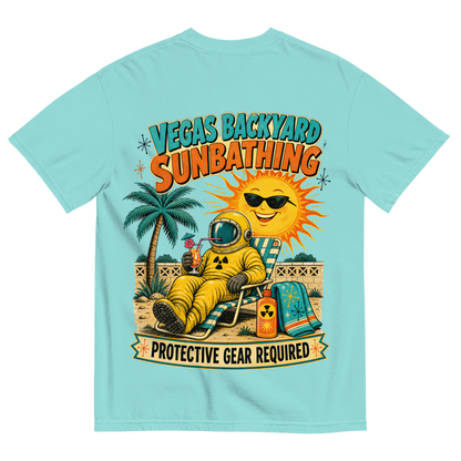 Vegas Backyard Sunbathing T-Shirt in Lagoon Blue, back print, retro hazmat-suit sunbather in a Vegas backyard