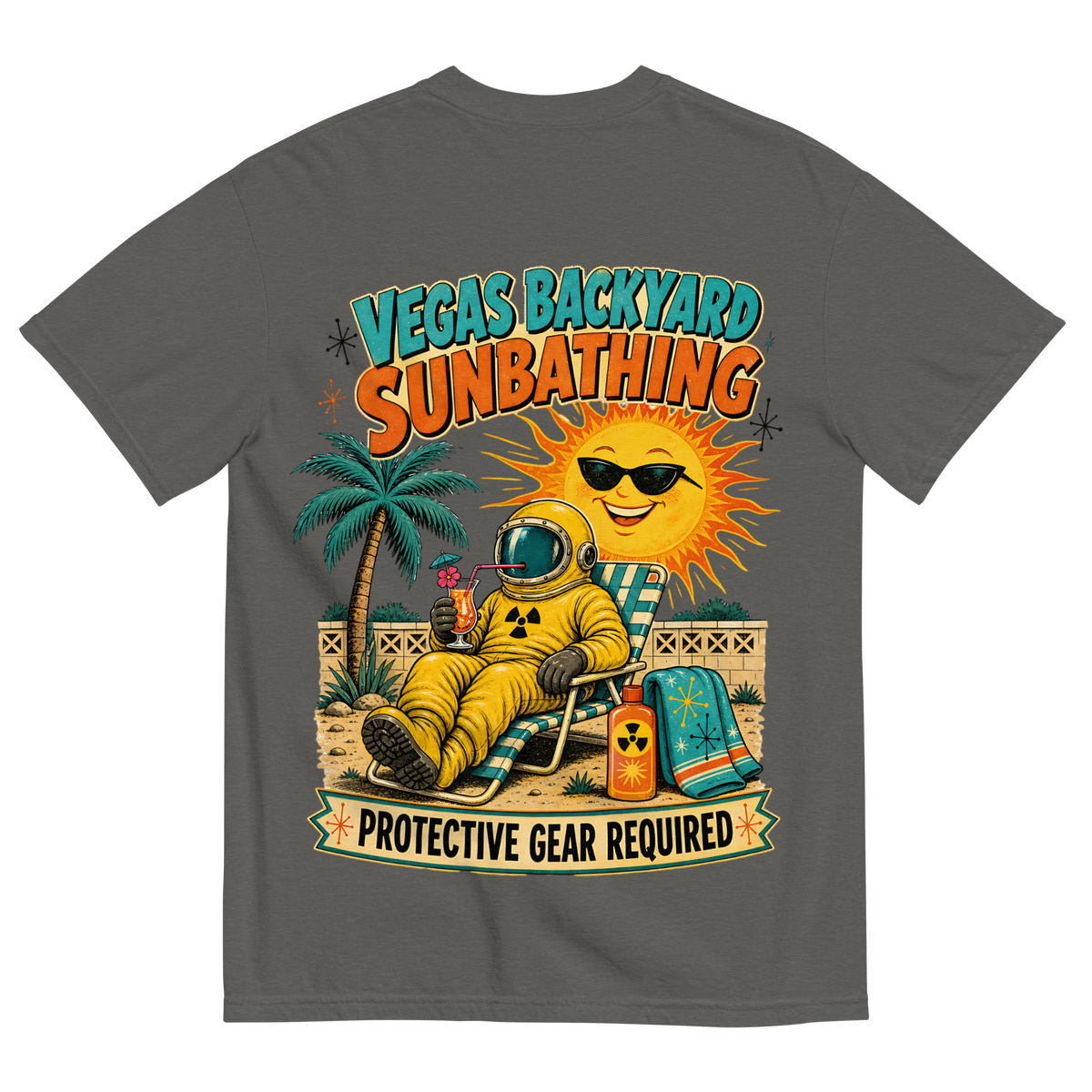 Vegas Backyard Sunbathing T-Shirt in Pepper, back print, retro hazmat-suit sunbather in a Vegas backyard