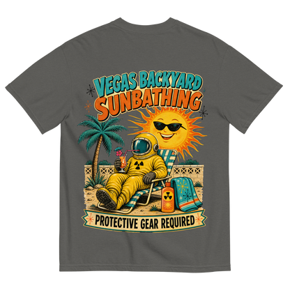 Vegas Backyard Sunbathing T-Shirt in Pepper, back print, retro hazmat-suit sunbather in a Vegas backyard