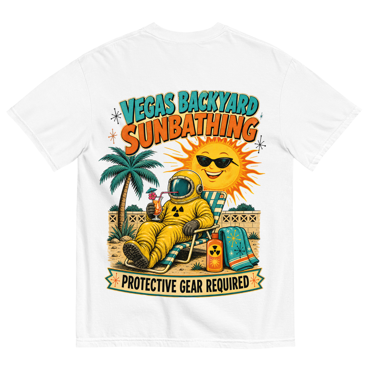 Vegas Backyard Sunbathing T-Shirt in White, back print, retro hazmat-suit sunbather in a Vegas backyard