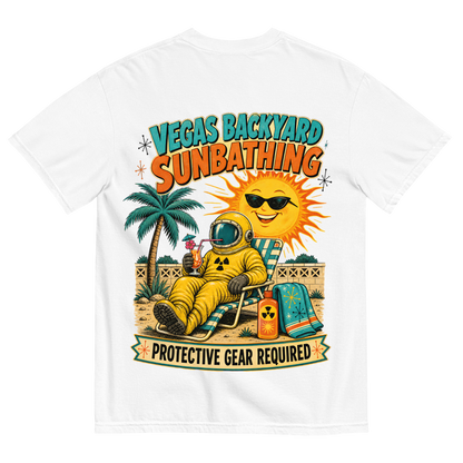 Vegas Backyard Sunbathing T-Shirt in White, back print, retro hazmat-suit sunbather in a Vegas backyard