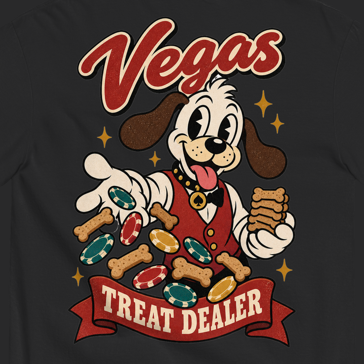 Vegas Treat Dealer T-Shirt in Black, close-up of the back print, Lucky the cartoon dog in a dealer vest tossing bone treats and poker chips
