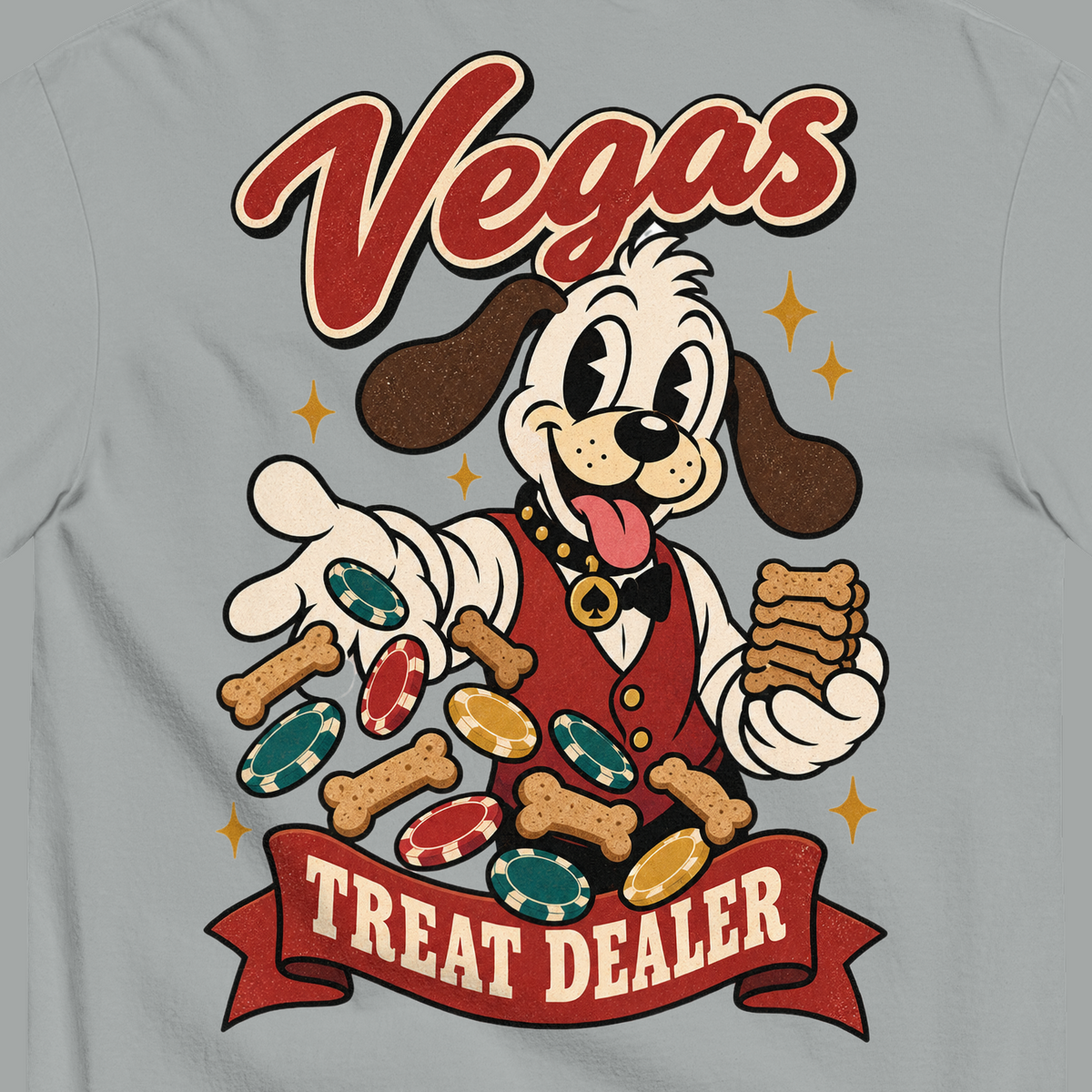 Vegas Treat Dealer T-Shirt in Granite, close-up of the back print, Lucky the cartoon dog in a dealer vest tossing bone treats and poker chips
