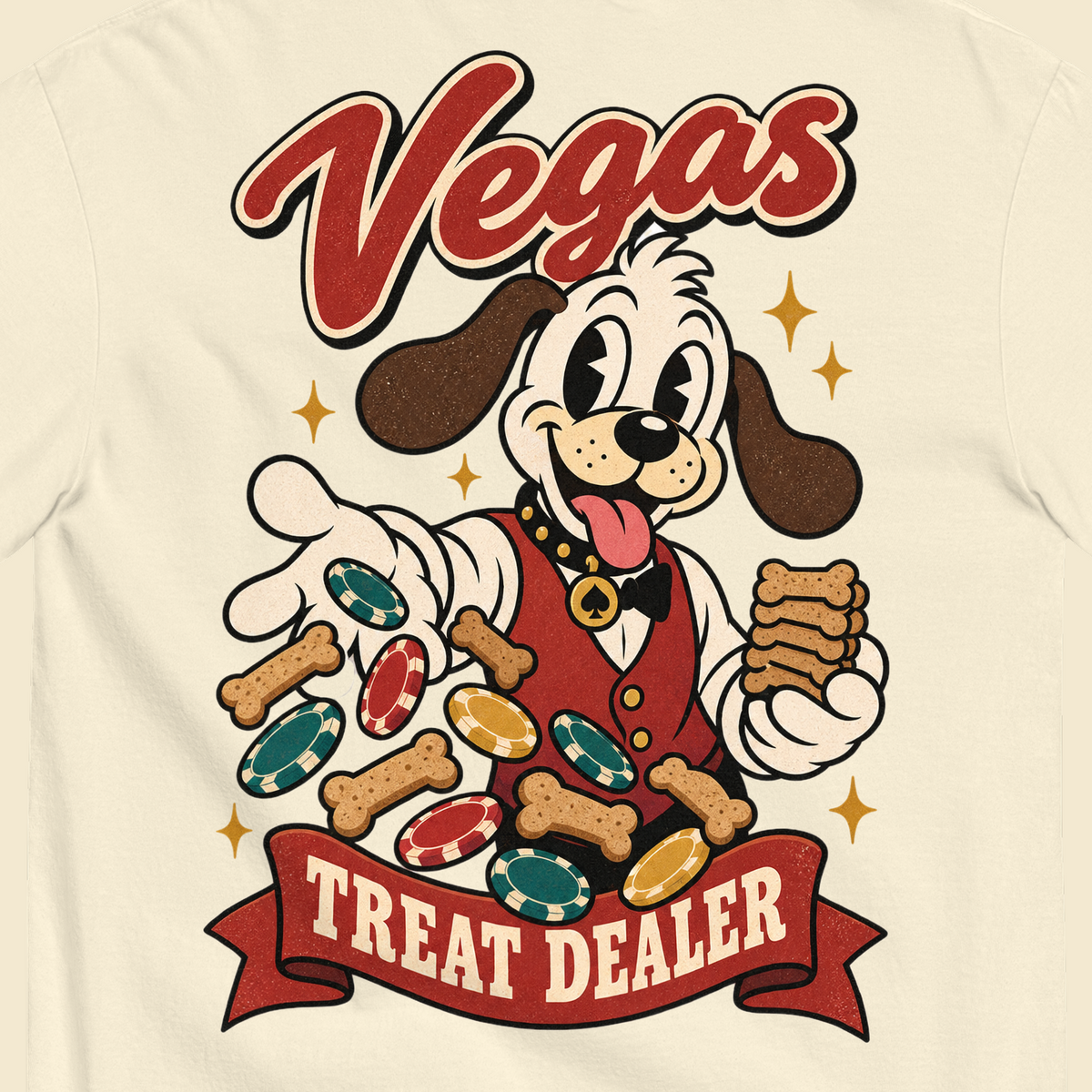 Vegas Treat Dealer T-Shirt in Ivory, close-up of the back print, Lucky the cartoon dog in a dealer vest tossing bone treats and poker chips