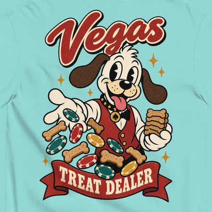 Vegas Treat Dealer T-Shirt in Lagoon Blue, close-up of the back print, Lucky the cartoon dog in a dealer vest tossing bone treats and poker chips