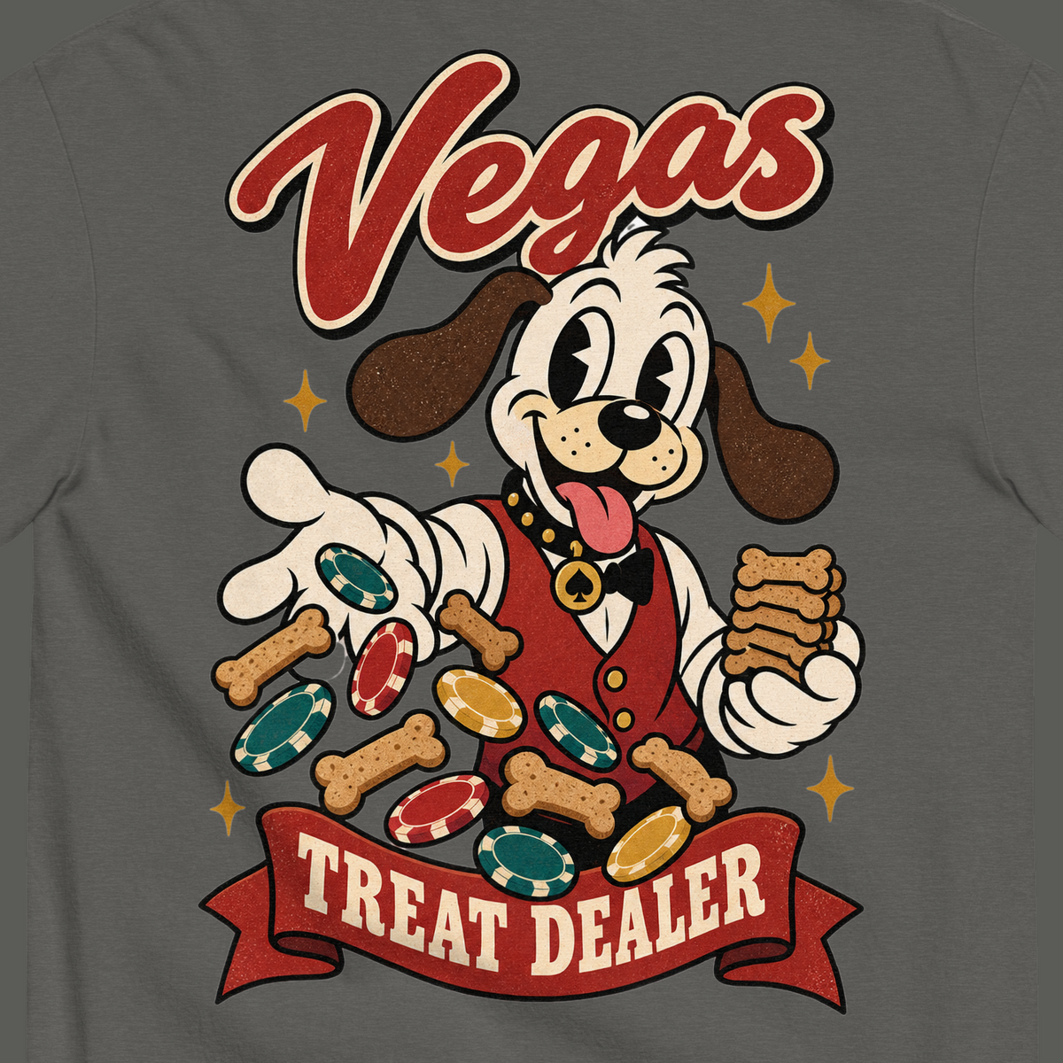 Vegas Treat Dealer T-Shirt in Pepper, close-up of the back print, Lucky the cartoon dog in a dealer vest tossing bone treats and poker chips