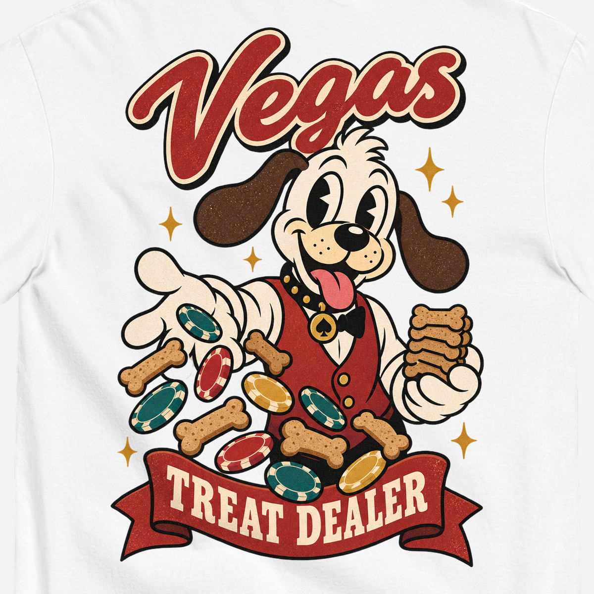 Vegas Treat Dealer T-Shirt in White, close-up of the back print, Lucky the cartoon dog in a dealer vest tossing bone treats and poker chips