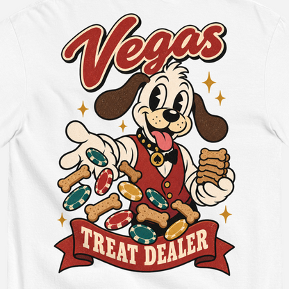 Vegas Treat Dealer T-Shirt in White, close-up of the back print, Lucky the cartoon dog in a dealer vest tossing bone treats and poker chips