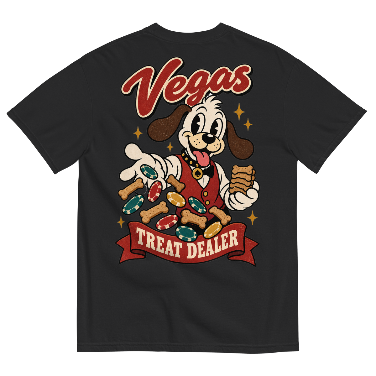 Vegas Treat Dealer T-Shirt in Black, back print, Lucky the cartoon dog in a dealer vest tossing bone treats and poker chips