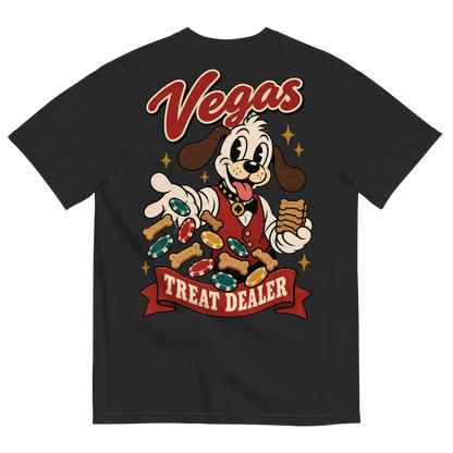 Vegas Treat Dealer T-Shirt in Black, back print, Lucky the cartoon dog in a dealer vest tossing bone treats and poker chips