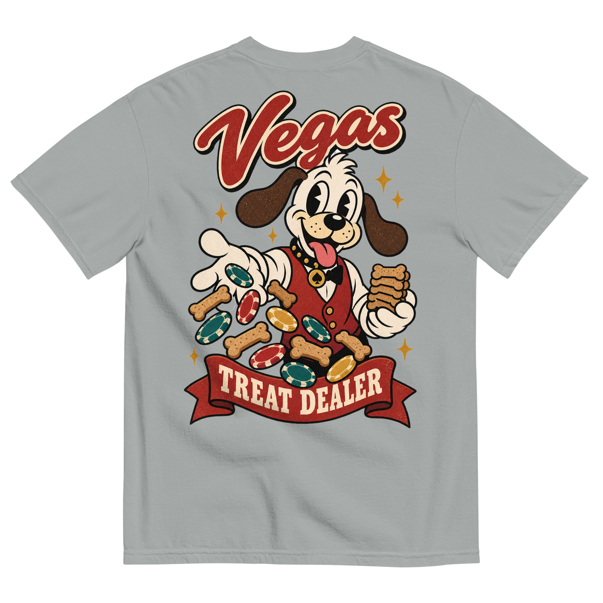 Vegas Treat Dealer T-Shirt in Granite, back print, Lucky the cartoon dog in a dealer vest tossing bone treats and poker chips