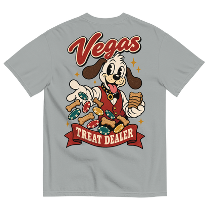 Vegas Treat Dealer T-Shirt in Granite, back print, Lucky the cartoon dog in a dealer vest tossing bone treats and poker chips