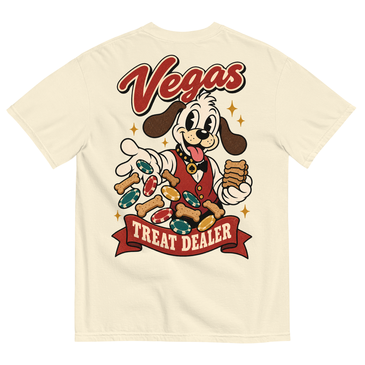 Vegas Treat Dealer T-Shirt in Ivory, back print, Lucky the cartoon dog in a dealer vest tossing bone treats and poker chips