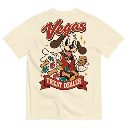 Vegas Treat Dealer T-Shirt in Ivory, back print, Lucky the cartoon dog in a dealer vest tossing bone treats and poker chips