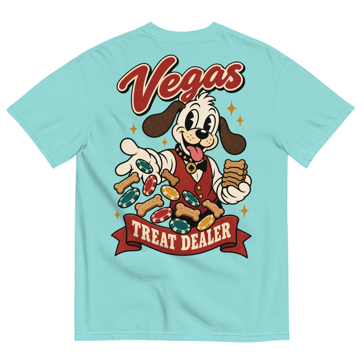 Vegas Treat Dealer T-Shirt in Lagoon Blue, back print, Lucky the cartoon dog in a dealer vest tossing bone treats and poker chips