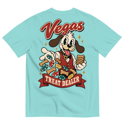 Vegas Treat Dealer T-Shirt in Lagoon Blue, back print, Lucky the cartoon dog in a dealer vest tossing bone treats and poker chips