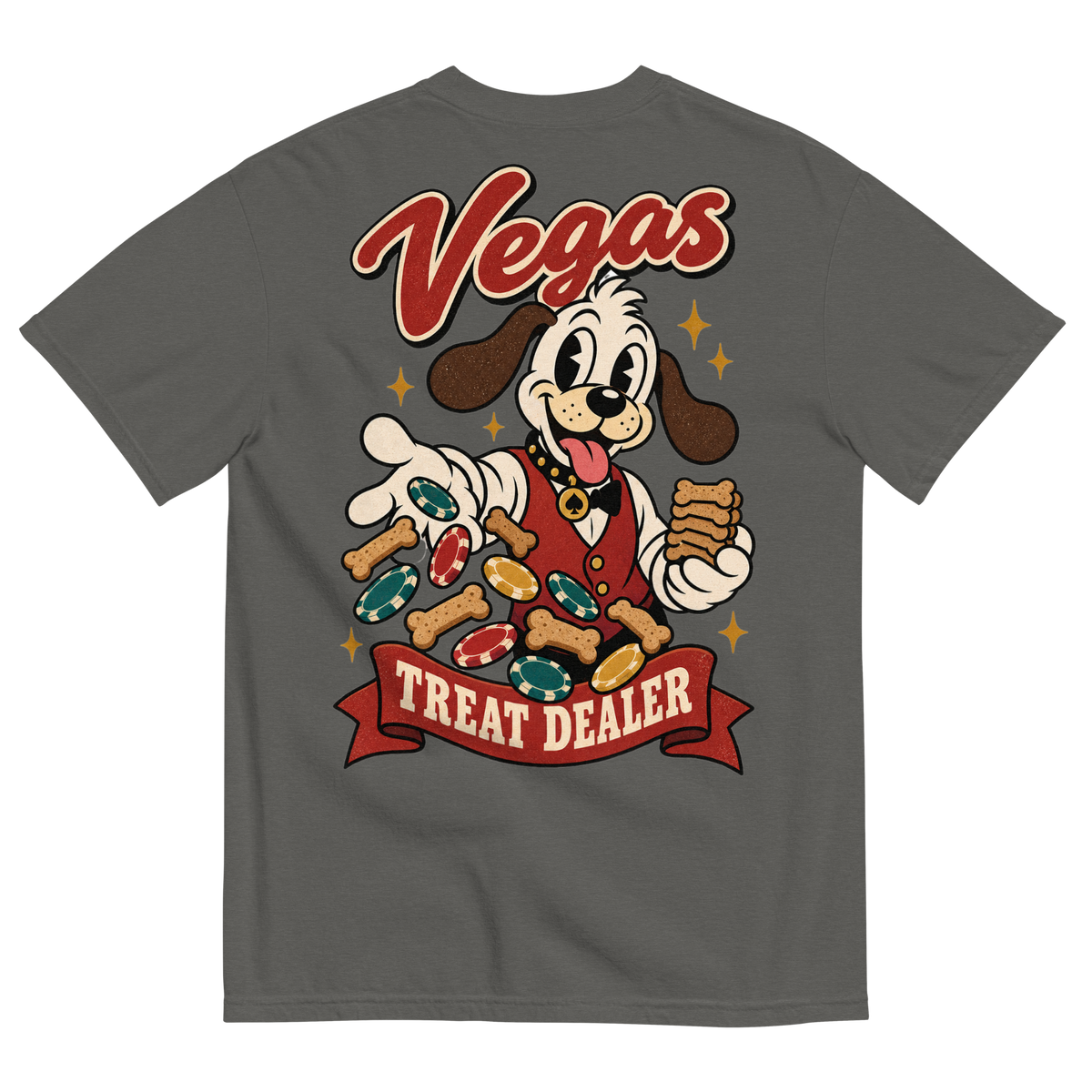 Vegas Treat Dealer T-Shirt in Pepper, back print, Lucky the cartoon dog in a dealer vest tossing bone treats and poker chips