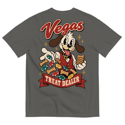 Vegas Treat Dealer T-Shirt in Pepper, back print, Lucky the cartoon dog in a dealer vest tossing bone treats and poker chips