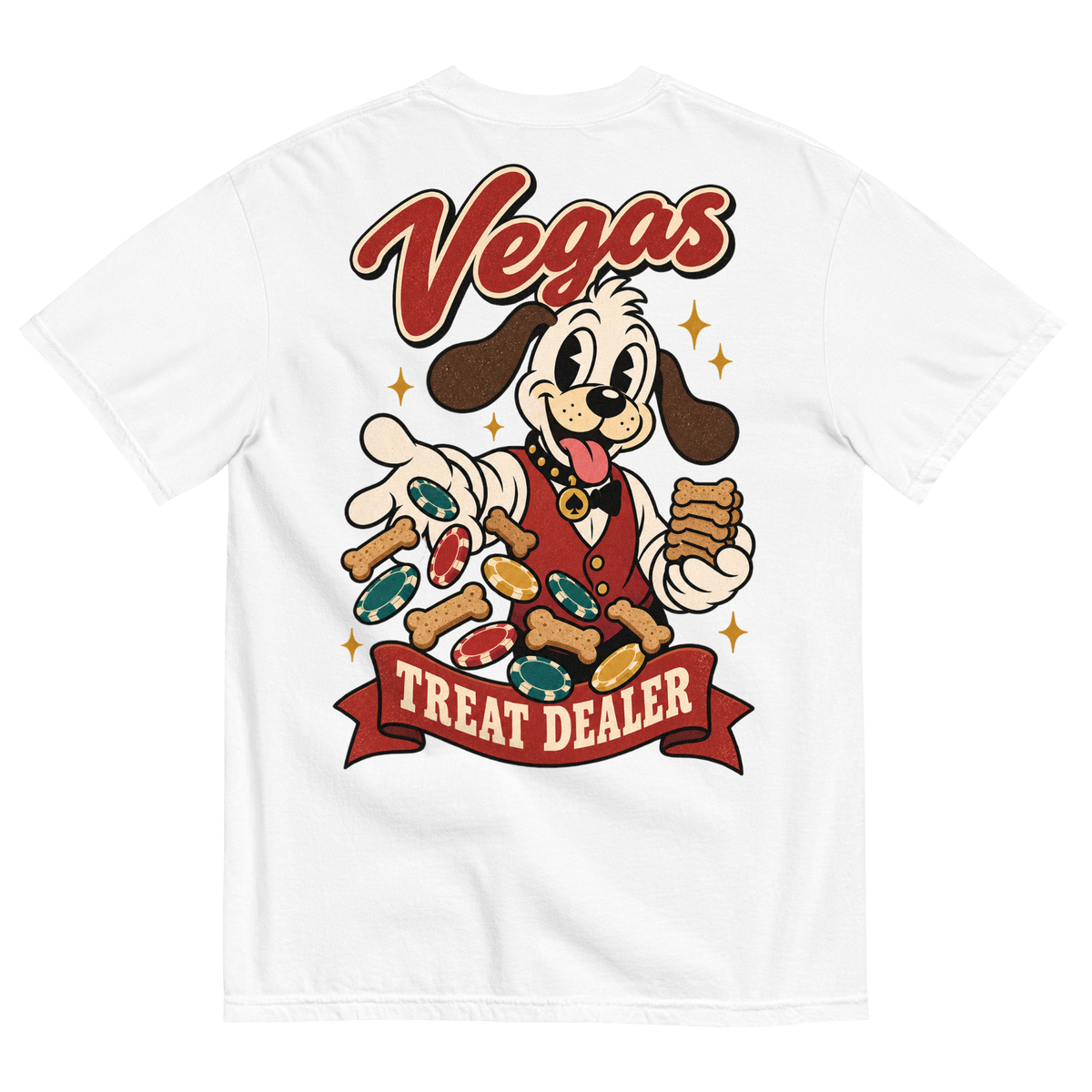 Vegas Treat Dealer T-Shirt in White, back print, Lucky the cartoon dog in a dealer vest tossing bone treats and poker chips