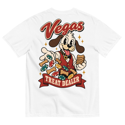 Vegas Treat Dealer T-Shirt in White, back print, Lucky the cartoon dog in a dealer vest tossing bone treats and poker chips