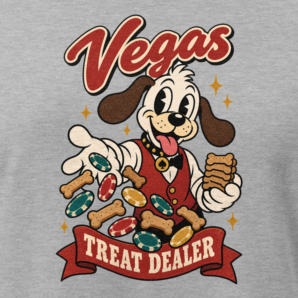 Vegas Treat Dealer Relaxed T-Shirt in Athletic Heather, close-up of the front print, Lucky the cartoon dog in a dealer vest tossing bone treats and poker chips