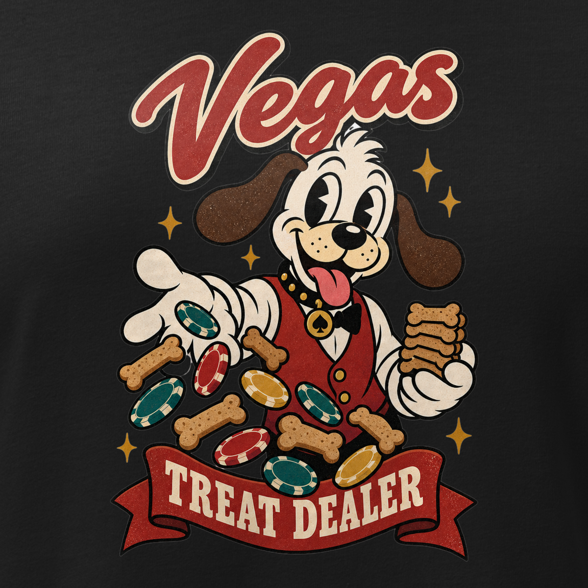 Vegas Treat Dealer Relaxed T-Shirt in Black, close-up of the front print, Lucky the cartoon dog in a dealer vest tossing bone treats and poker chips