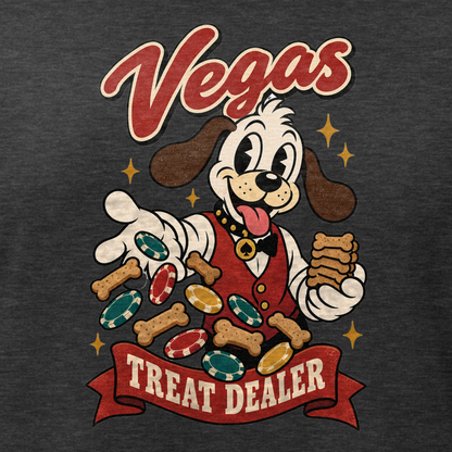 Vegas Treat Dealer Relaxed T-Shirt in Dark Grey Heather, close-up of the front print, Lucky the cartoon dog in a dealer vest tossing bone treats and poker chips