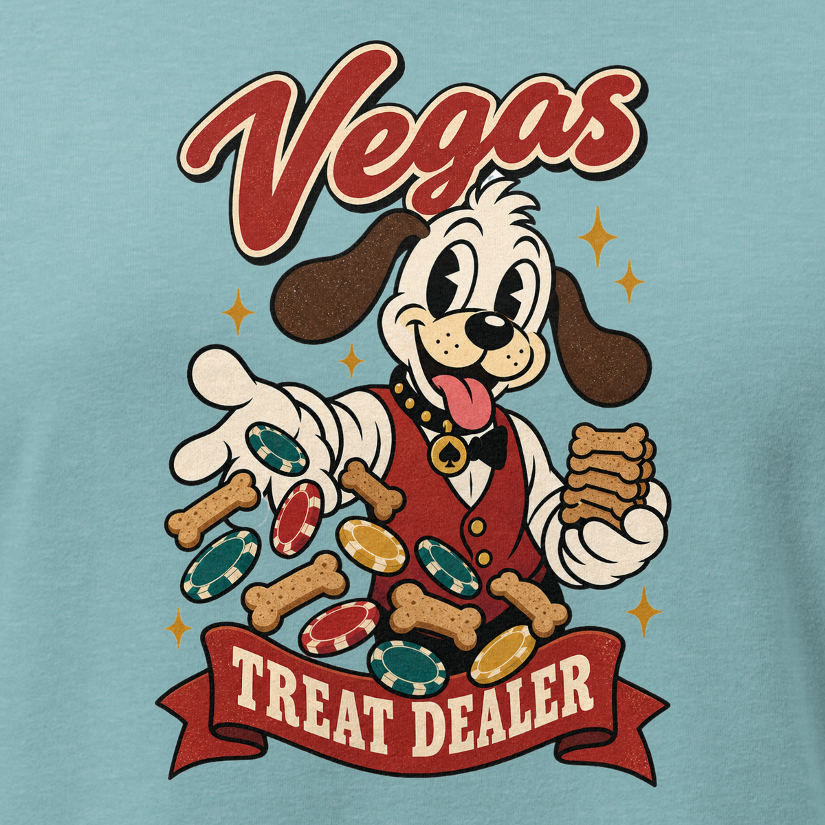Vegas Treat Dealer Relaxed T-Shirt in Heather Blue Lagoon, close-up of the front print, Lucky the cartoon dog in a dealer vest tossing bone treats and poker chips