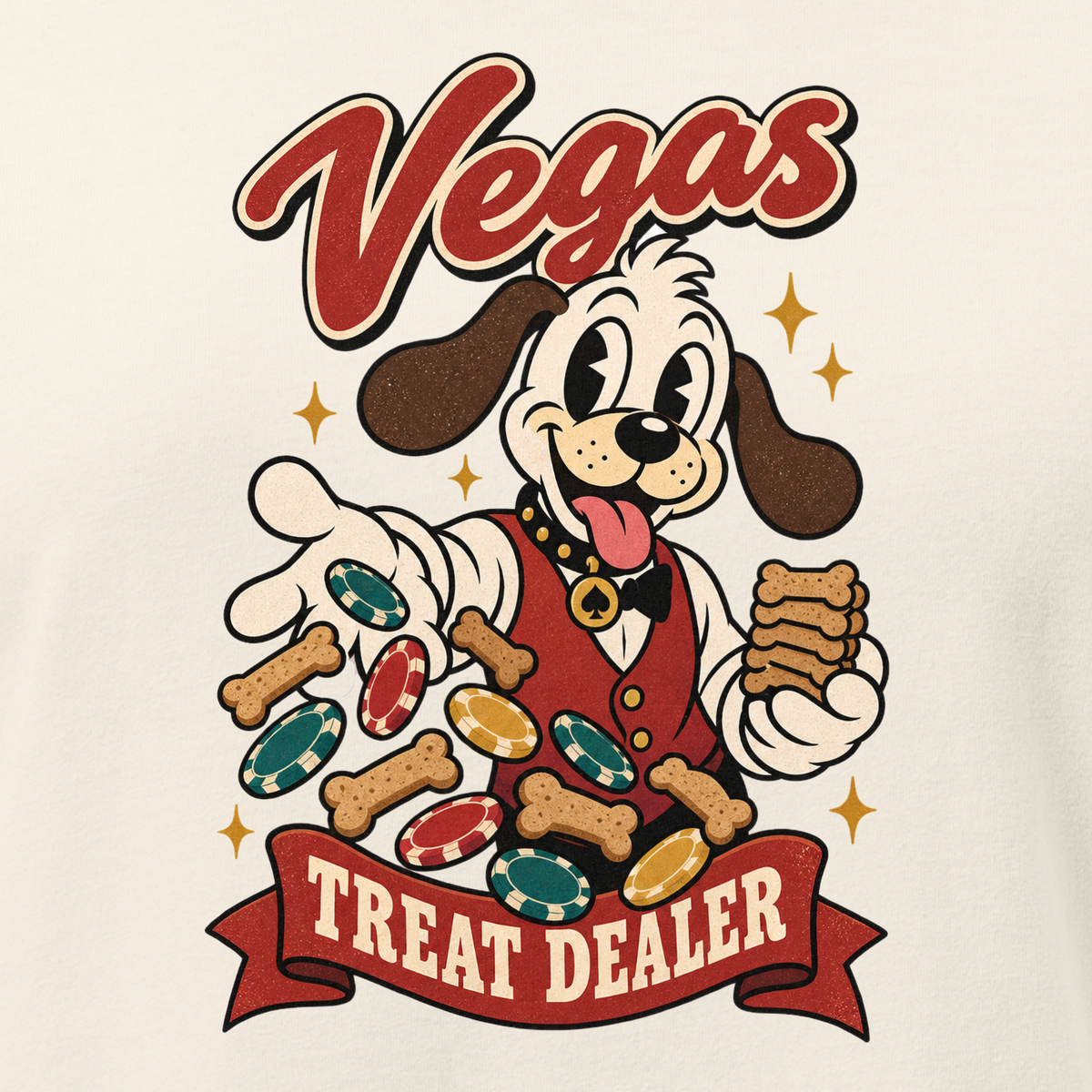 Vegas Treat Dealer Relaxed T-Shirt in Natural, close-up of the front print, Lucky the cartoon dog in a dealer vest tossing bone treats and poker chips