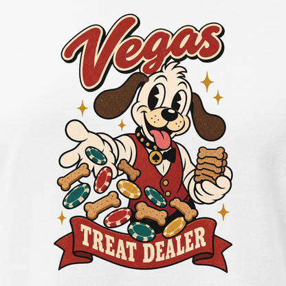 Vegas Treat Dealer Relaxed T-Shirt in White, close-up of the front print, Lucky the cartoon dog in a dealer vest tossing bone treats and poker chips