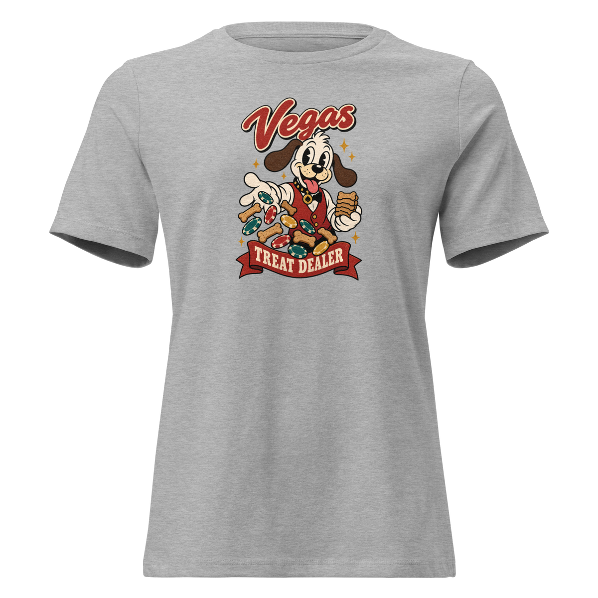 Vegas Treat Dealer Relaxed T-Shirt in Athletic Heather, front view, Lucky the cartoon dog in a dealer vest tossing bone treats and poker chips