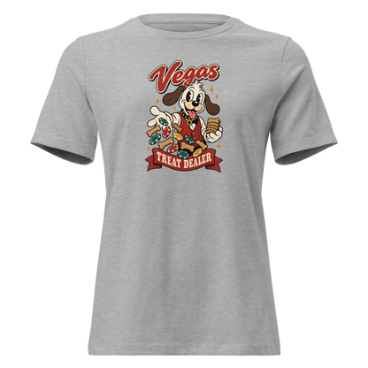 Vegas Treat Dealer Relaxed T-Shirt in Athletic Heather, front view, Lucky the cartoon dog in a dealer vest tossing bone treats and poker chips