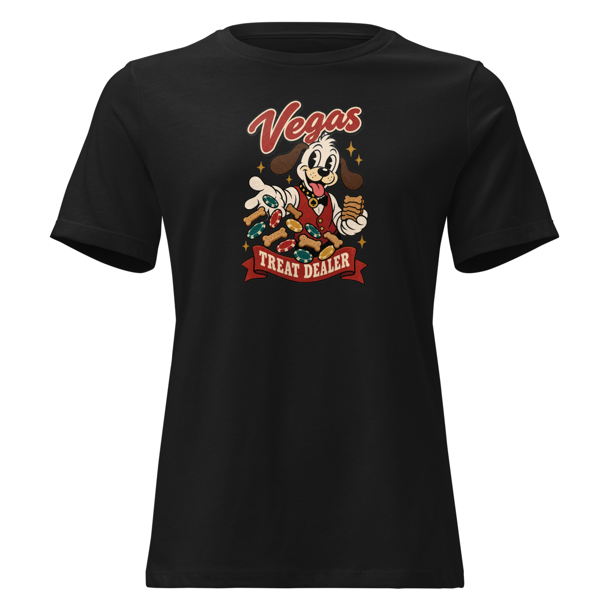 Vegas Treat Dealer Relaxed T-Shirt in Black, front view, Lucky the cartoon dog in a dealer vest tossing bone treats and poker chips