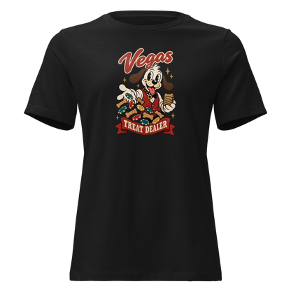 Vegas Treat Dealer Relaxed T-Shirt in Black, front view, Lucky the cartoon dog in a dealer vest tossing bone treats and poker chips