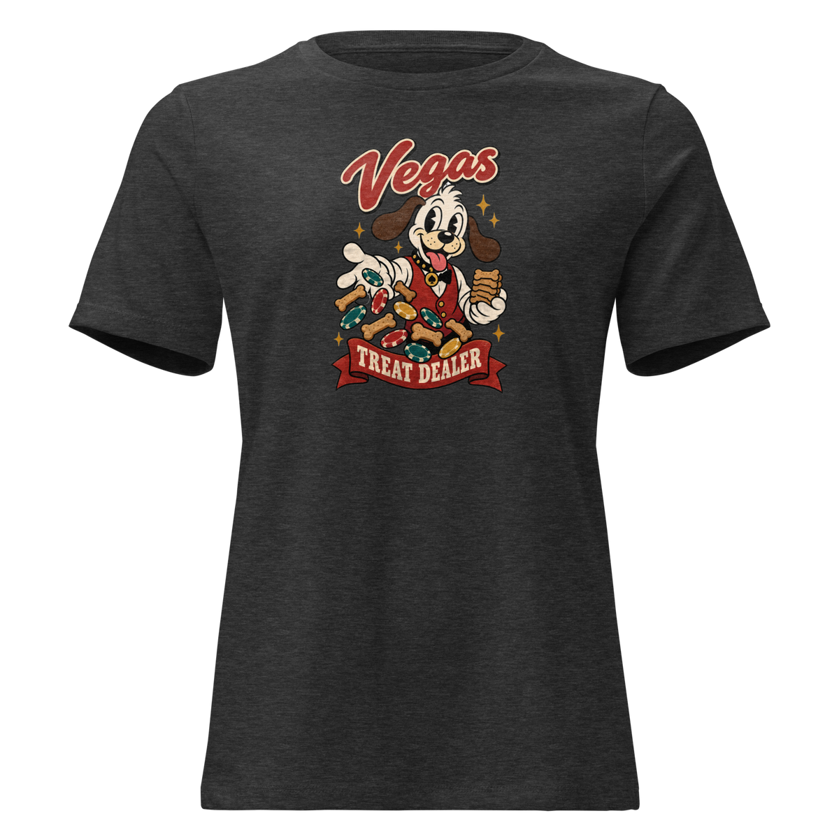 Vegas Treat Dealer Relaxed T-Shirt in Dark Grey Heather, front view, Lucky the cartoon dog in a dealer vest tossing bone treats and poker chips