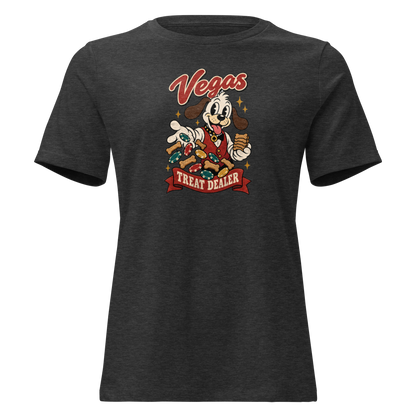 Vegas Treat Dealer Relaxed T-Shirt in Dark Grey Heather, front view, Lucky the cartoon dog in a dealer vest tossing bone treats and poker chips