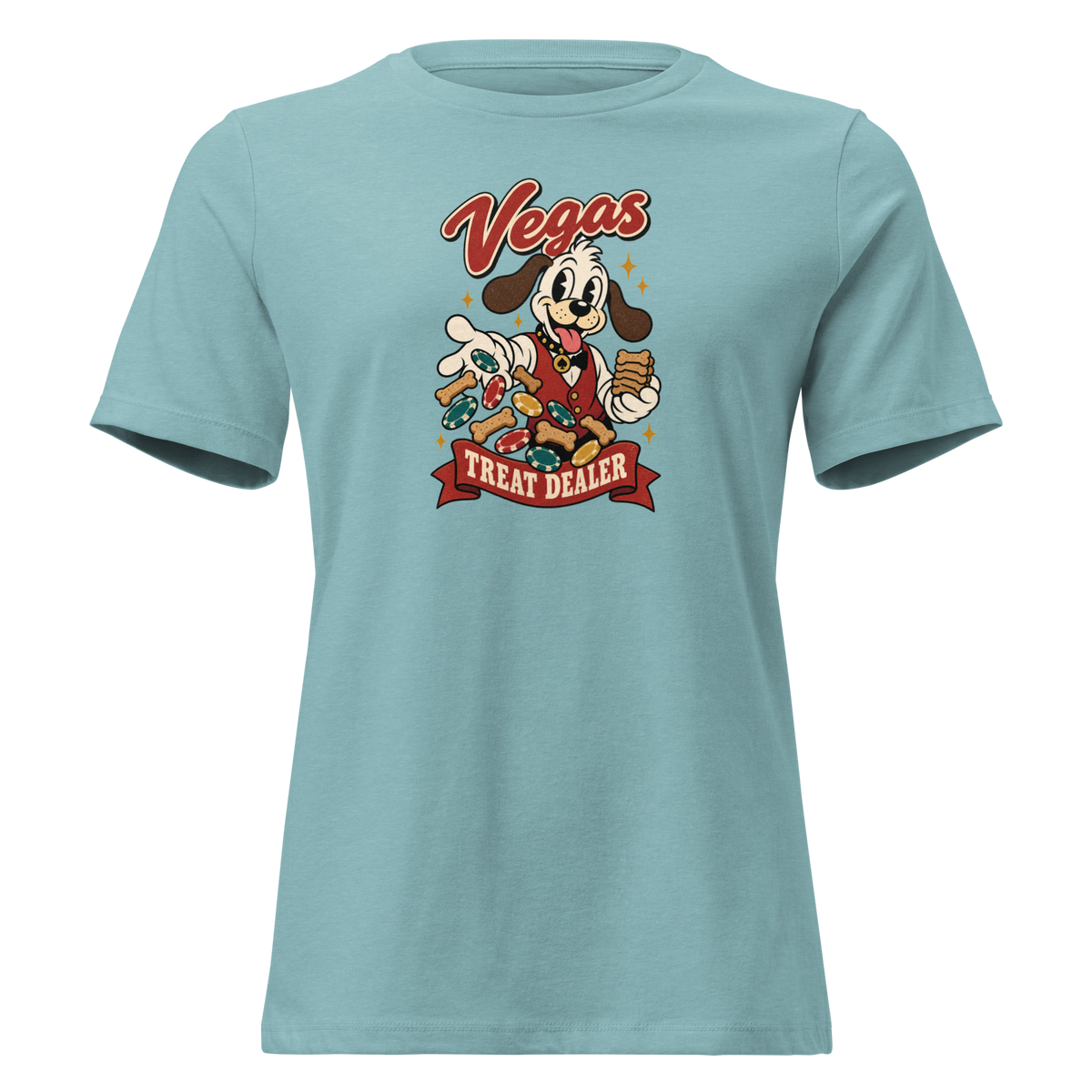 Vegas Treat Dealer Relaxed T-Shirt in Heather Blue Lagoon, front view, Lucky the cartoon dog in a dealer vest tossing bone treats and poker chips