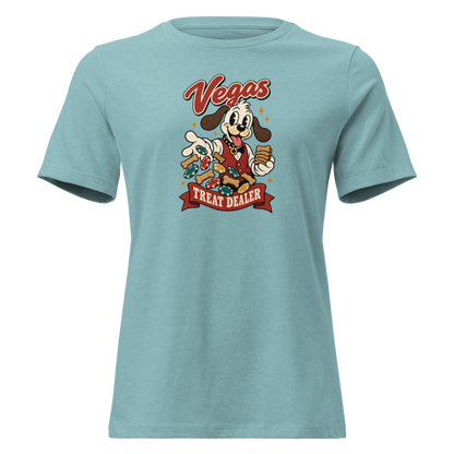 Vegas Treat Dealer Relaxed T-Shirt in Heather Blue Lagoon, front view, Lucky the cartoon dog in a dealer vest tossing bone treats and poker chips