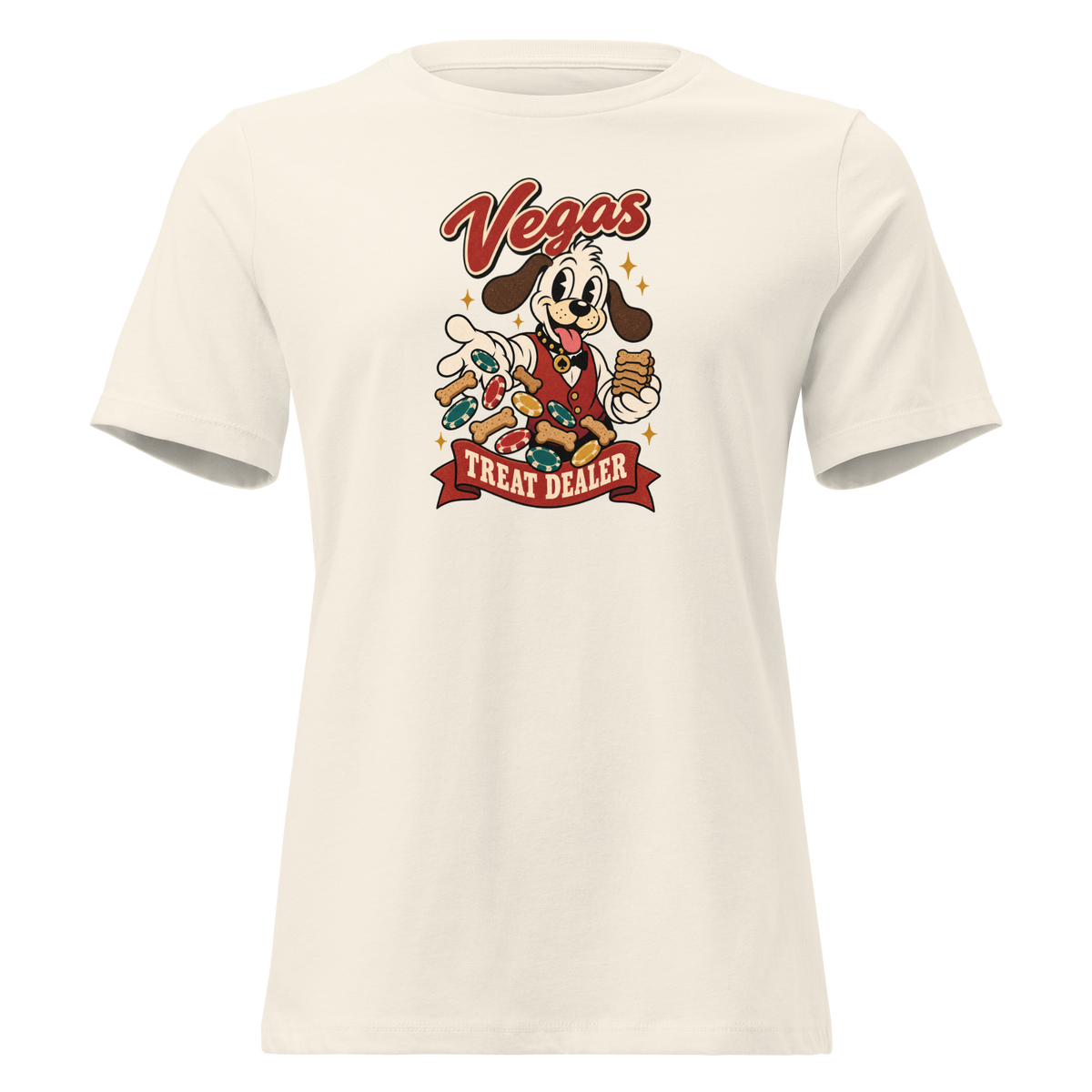 Vegas Treat Dealer Relaxed T-Shirt in Natural, front view, Lucky the cartoon dog in a dealer vest tossing bone treats and poker chips