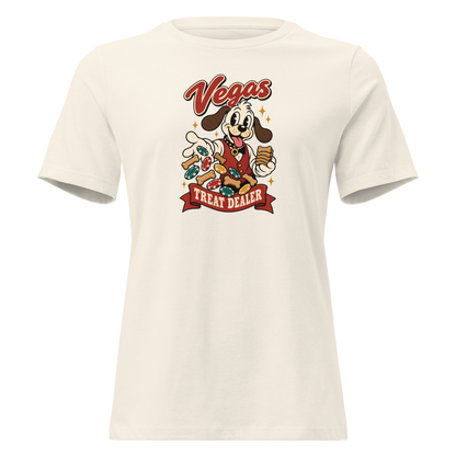 Vegas Treat Dealer Relaxed T-Shirt in Natural, front view, Lucky the cartoon dog in a dealer vest tossing bone treats and poker chips