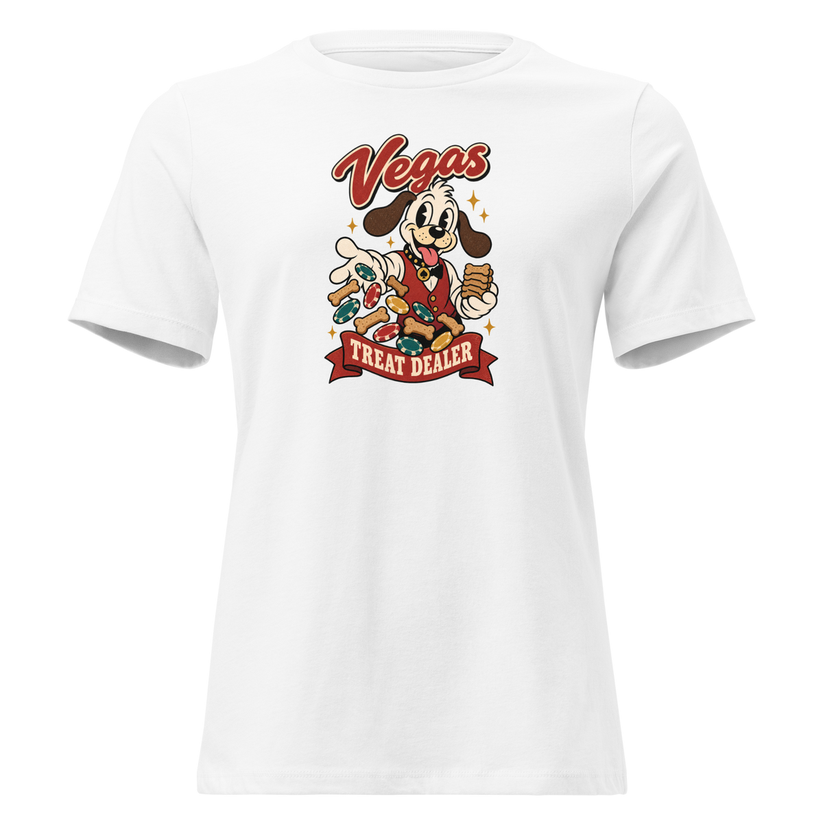 Vegas Treat Dealer Relaxed T-Shirt in White, front view, Lucky the cartoon dog in a dealer vest tossing bone treats and poker chips