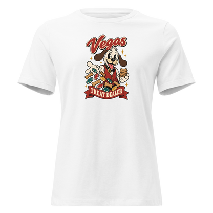 Vegas Treat Dealer Relaxed T-Shirt in White, front view, Lucky the cartoon dog in a dealer vest tossing bone treats and poker chips