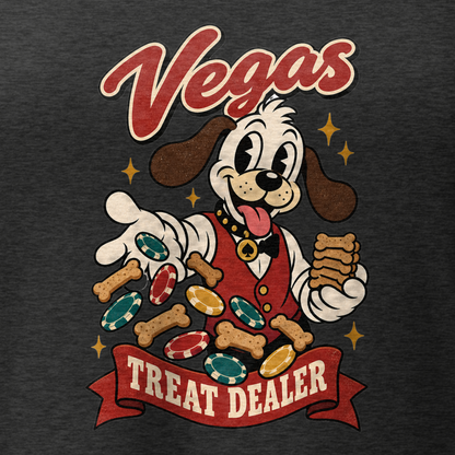 Vegas Treat Dealer V-Neck in Dark Grey Heather, close-up of the front print, Lucky the cartoon dog in a dealer vest tossing bone treats and poker chips