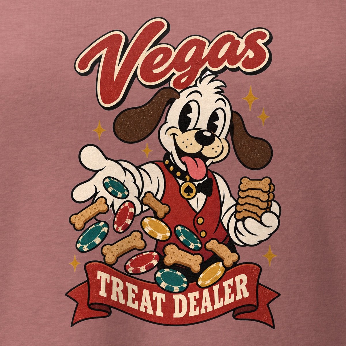 Vegas Treat Dealer V-Neck in Heather Mauve, close-up of the front print, Lucky the cartoon dog in a dealer vest tossing bone treats and poker chips