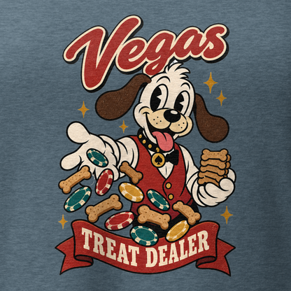 Vegas Treat Dealer V-Neck in Heather Slate, close-up of the front print, Lucky the cartoon dog in a dealer vest tossing bone treats and poker chips