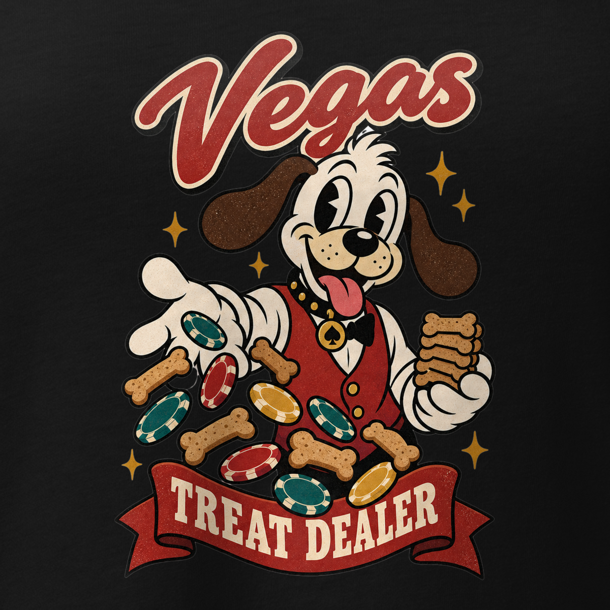 Vegas Treat Dealer V-Neck in Solid Black Blend, close-up of the front print, Lucky the cartoon dog in a dealer vest tossing bone treats and poker chips