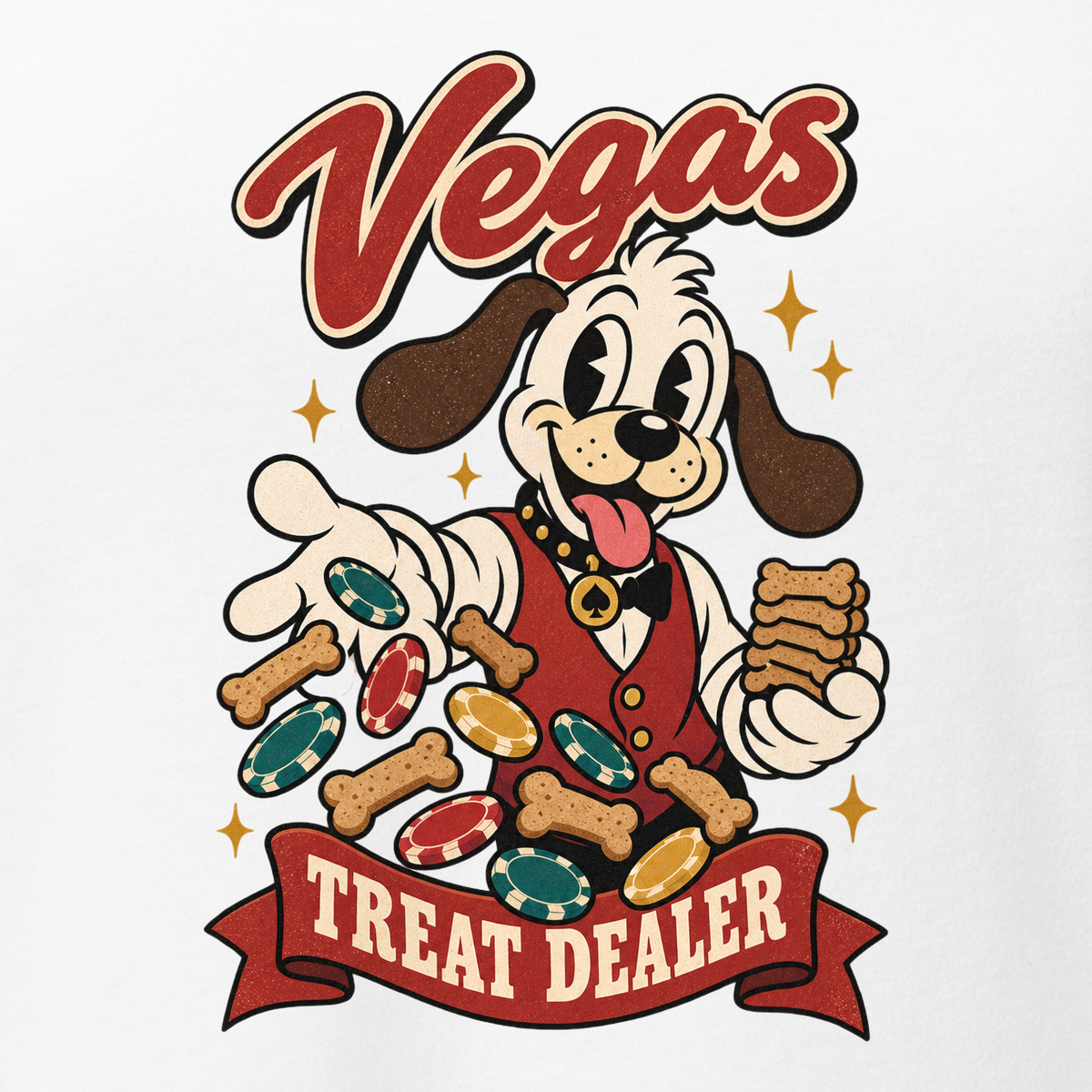 Vegas Treat Dealer V-Neck in Solid White Blend, close-up of the front print, Lucky the cartoon dog in a dealer vest tossing bone treats and poker chips