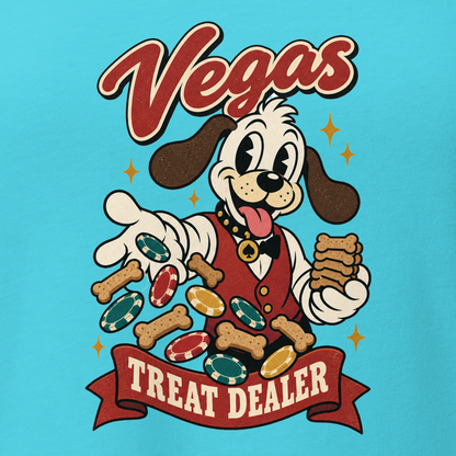 Vegas Treat Dealer V-Neck in Turquoise, close-up of the front print, Lucky the cartoon dog in a dealer vest tossing bone treats and poker chips