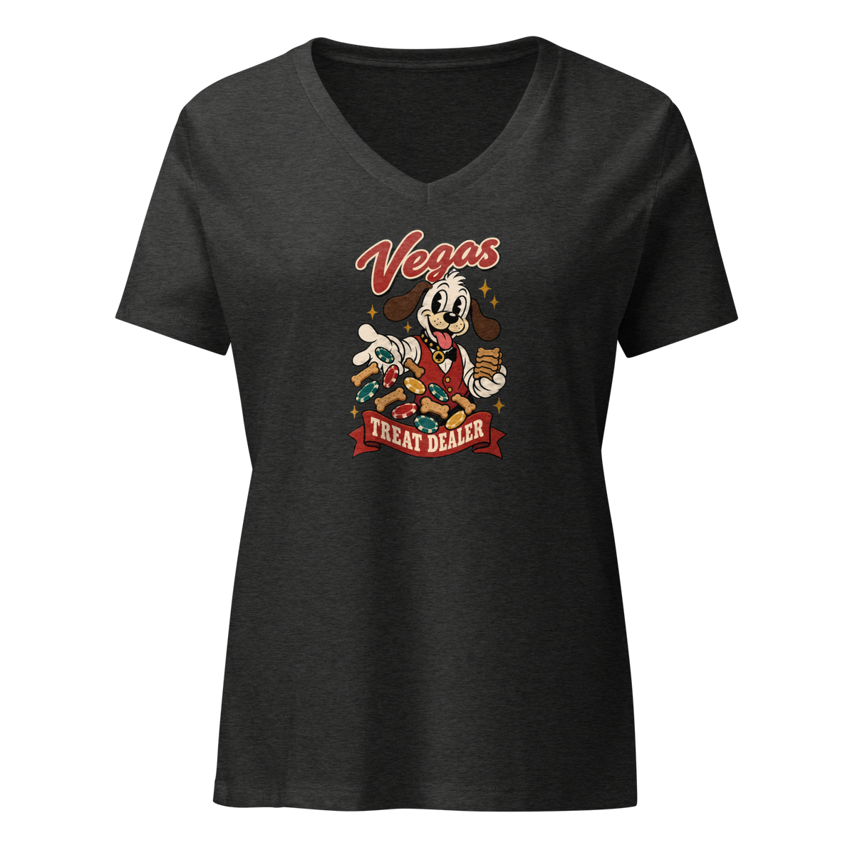 Vegas Treat Dealer V-Neck in Dark Grey Heather, front view, Lucky the cartoon dog in a dealer vest tossing bone treats and poker chips