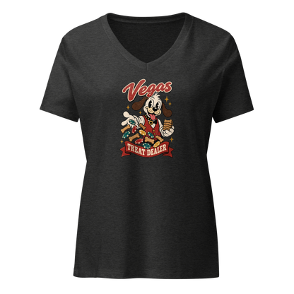 Vegas Treat Dealer V-Neck in Dark Grey Heather, front view, Lucky the cartoon dog in a dealer vest tossing bone treats and poker chips
